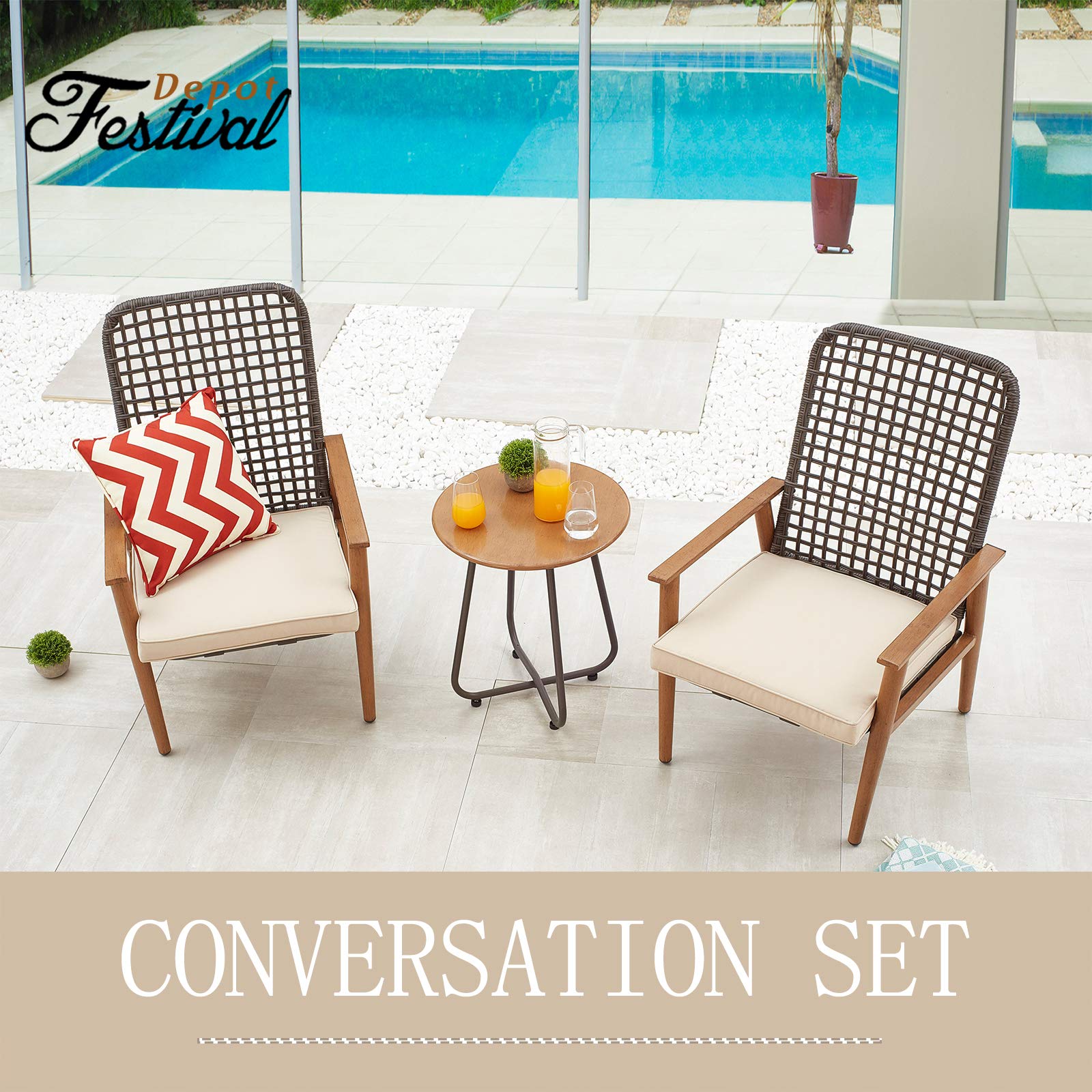3-Piece Outdoor Bistro Set with Wooden-Color Armchairs & Metal Iron Side Table - Patio Furniture with Cushions for Garden, Cafe, or Backyard Relaxation (Khaki)