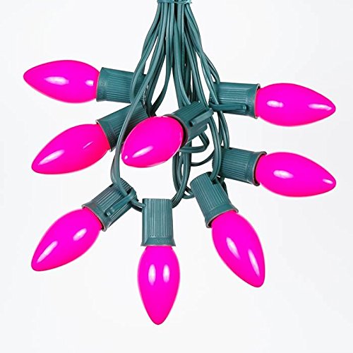 25 Foot C9 Pink Ceramic Christmas String Lights - Outdoor Holiday Lights with Opaque Bulbs & Green Wire - Perfect for Roofline, Porch, and Tree Decorations
