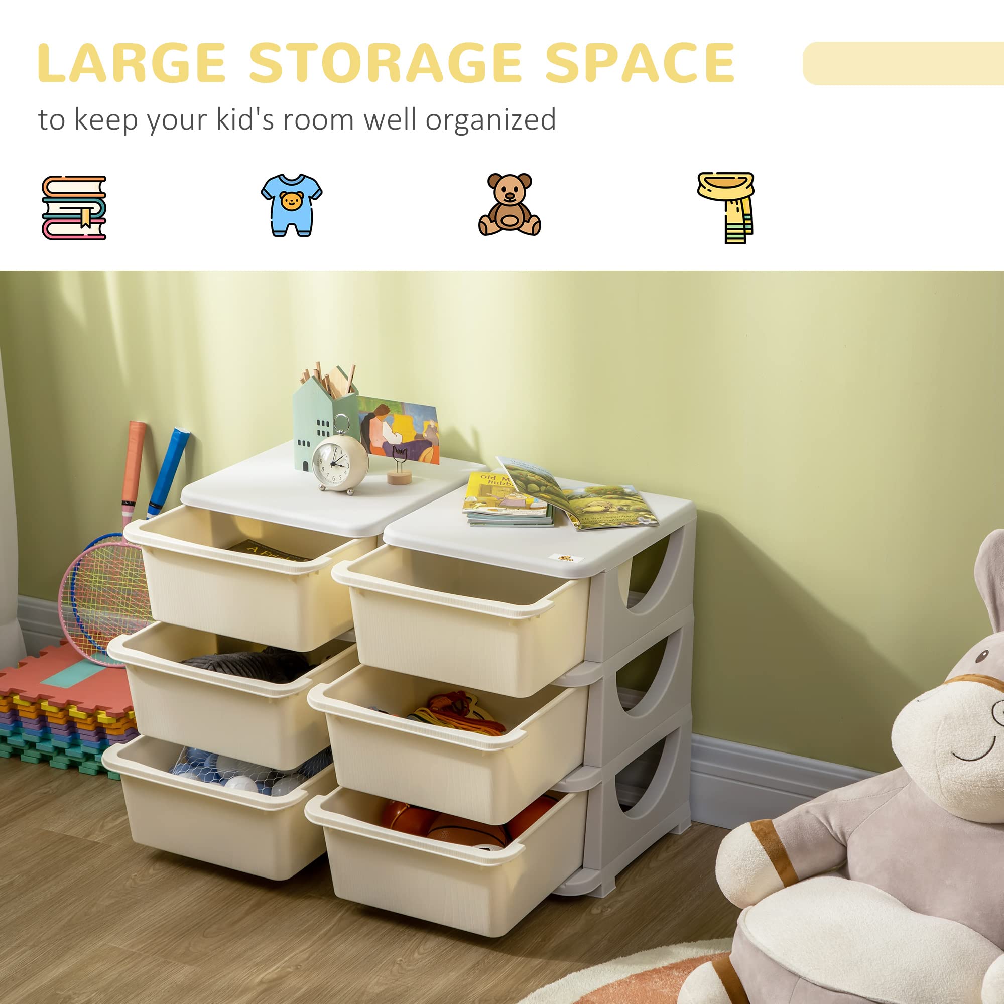 Qaba 3-Tier Kids Storage Unit with 6 Drawers - Toy Organizer with Plastic Bins for Nursery, Bedroom & Playroom - Space-Saving Kids Furniture for Boys & Girls (Cream) | Perfect for Organizing Toys, Books & Clothes in Toddler Rooms & Kindergarten Classrooms