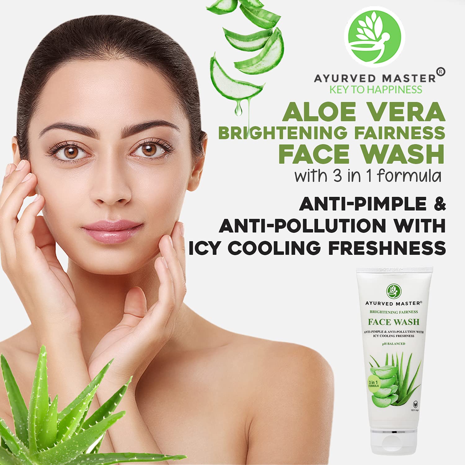 Ayurved Master Natural Aloe Vera Face Wash for Acne Control - Brightening & Even Skin Tone with Icy Cooling Freshness | AM Skin Care (150ml) | Daily Cleansing for Clear, Glowing Skin | Perfect for Morning & Night Routine