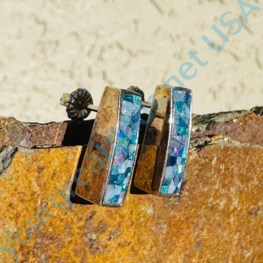 Sterling Silver Pierced Post Bar Earrings with Opal Chip Mosaic - Elegant Dainty Jewelry for Women, Perfect for Everyday Wear, Parties & Special Occasions