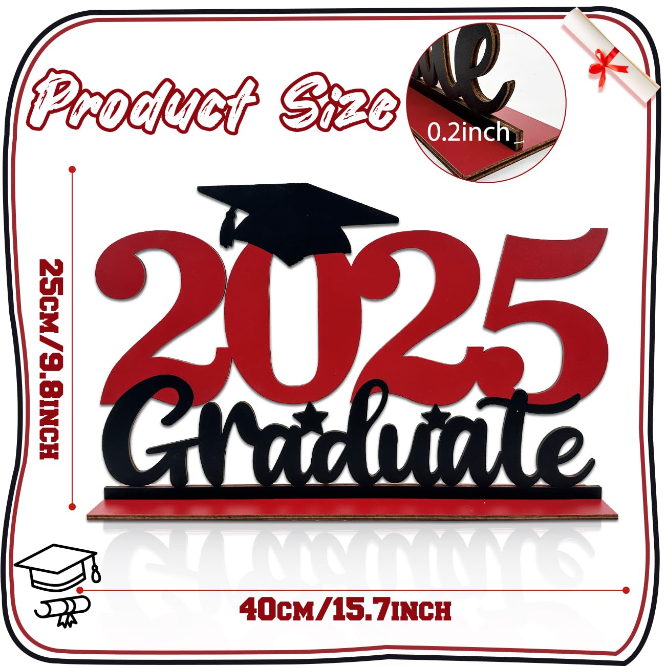 2025 Graduation Party Decorations - Wooden Class of 2025 Table Centerpiece Sign (15.74 x 9.84 Inches, Red) - Perfect for Graduation Ceremony Decor, School Events & Photo Backdrops