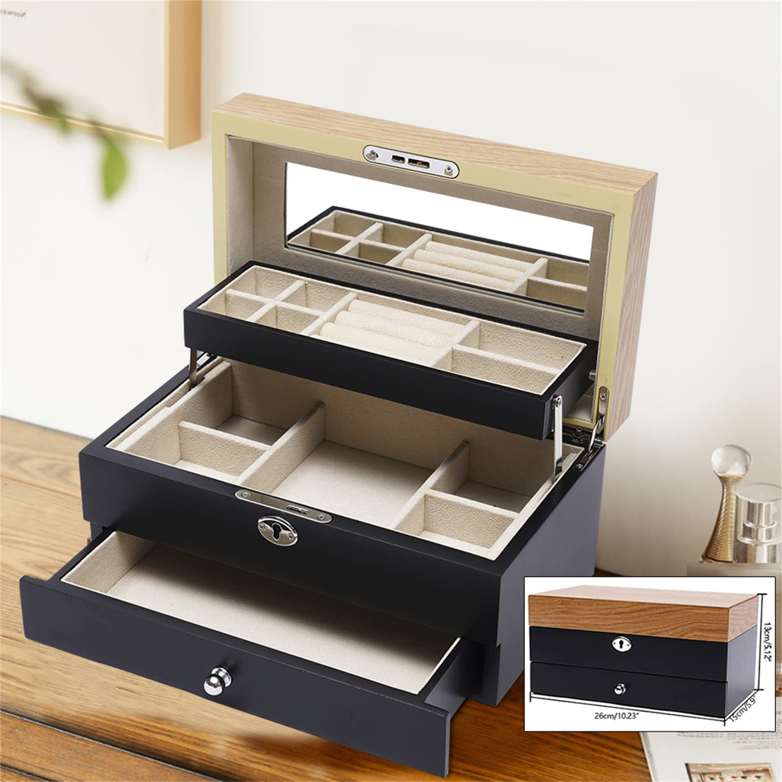 Wooden Jewelry Box with Mirror & Lock - 3-Layer Organizer for Earrings, Rings & Necklaces - Perfect Gift for Women & Girls