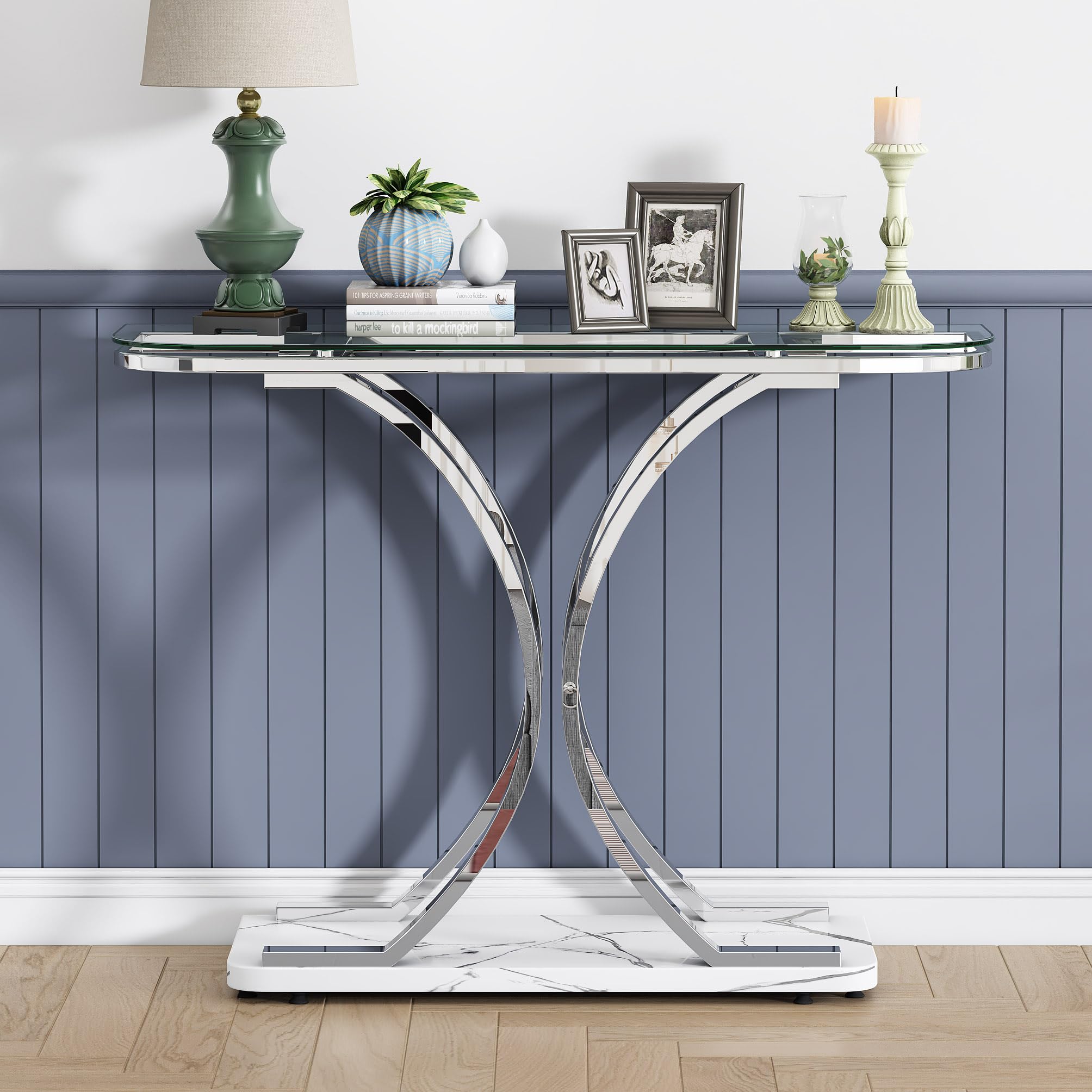 Modern Silver Glass Console Table with Curved Frames & White Marble Base - Elegant Entryway Sofa Table for Living Room, Hallway, Foyer | Perfect for Home Decor, Small Space Furniture & Apartment Entryways
