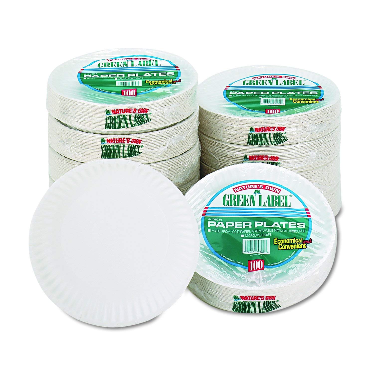AJM Packaging PP9GREWH 9 Inch White Paper Plates - 10 Packs of 100 (400 Plates Total) - Eco-Friendly Disposable Plates for Parties, Picnics, BBQs & Events
