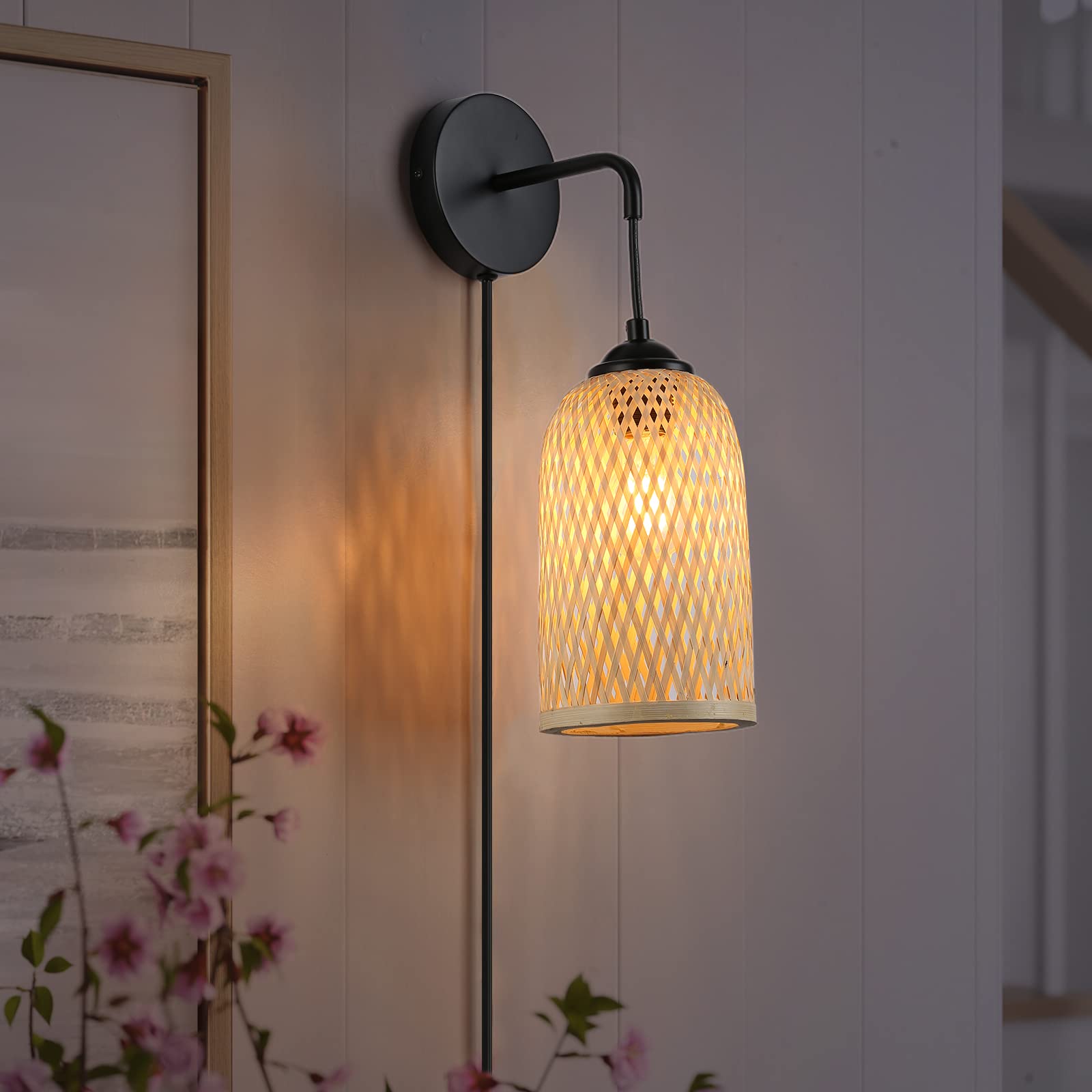 Vintage Mid-Century Plug-in Wall Sconce - Natural Bamboo Wicker Column Lampshade with On/Off Switch - No Hardwired Wall Mounted Fixture Light for Bedroom, Living Room & Hallway Decor