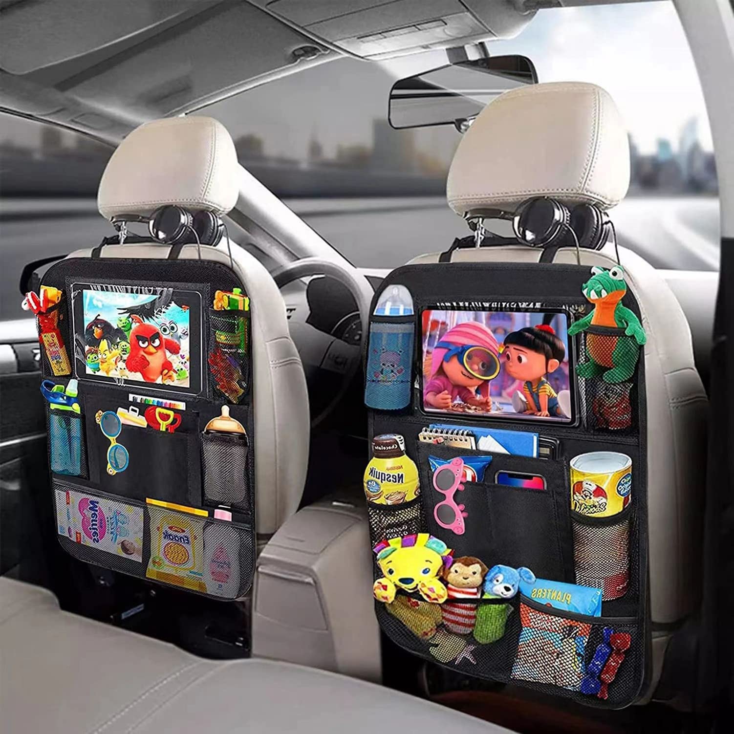 Quesardens Car Backseat Organizer with Tablet Holder - Travel Storage Organizer for iPad, Toys, Snacks & Books - Perfect for Road Trips & Family Vacations (1 Pack)