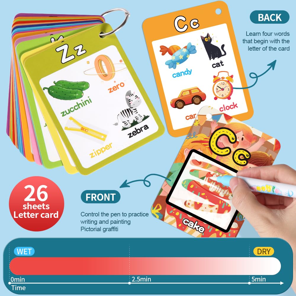 Magic Water Coloring Books for Toddlers 18+ Months | Reusable Aqua Painting Set for Kids 2-5 Years | ABC Alphabet Learning Flash Cards | Perfect for Road Trips, Airplane Travel & Car Activities | Mess-Free Educational Toy Gift