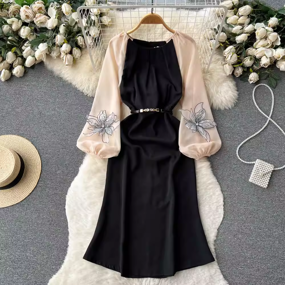 French Retro Mesh Dress for Women - Long Sleeve 3D Floral Fairy Dress 1199 | Elegant Evening Gown for Parties, Weddings & Special Occasions