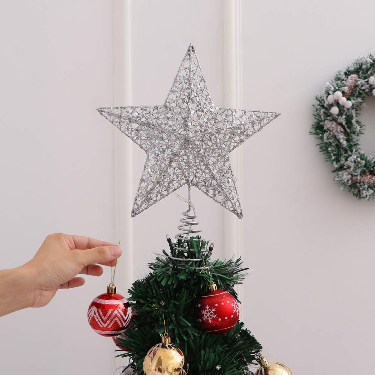 Christmas Tree Star Topper with LED Lights - Glittered Xmas Tree Top Decor for Holiday Home Party (Silver) | Perfect for Christmas Tree Decorations & Festive Indoor Lighting