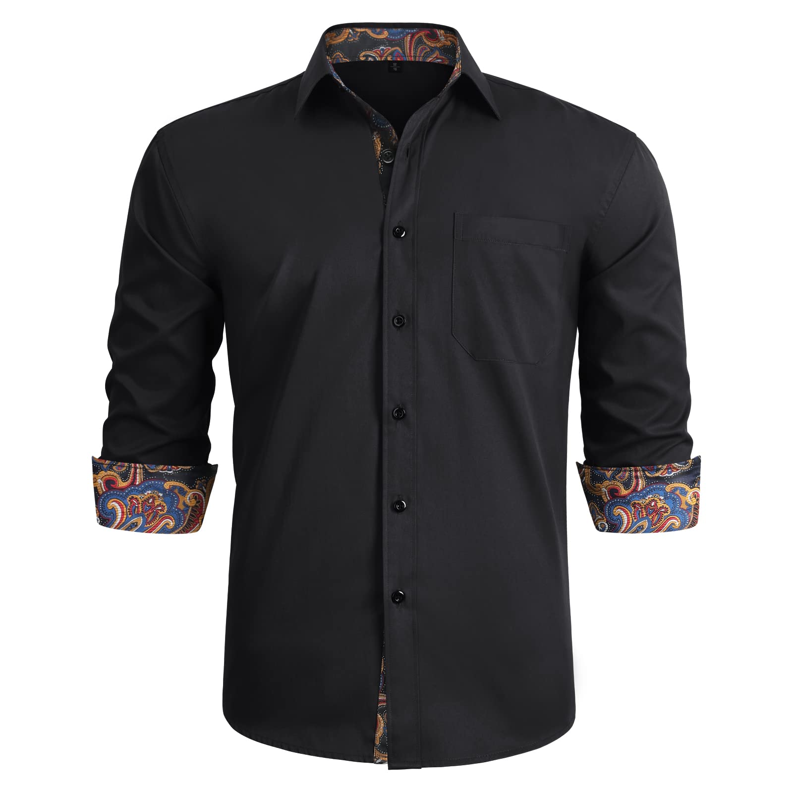 HISDERN Men's Contrast Inner Casual Shirt - Classic Button Down Dress Shirt, Long Sleeve Printed Formal Shirt, Regular Fit for Office, Business & Special Occasions
