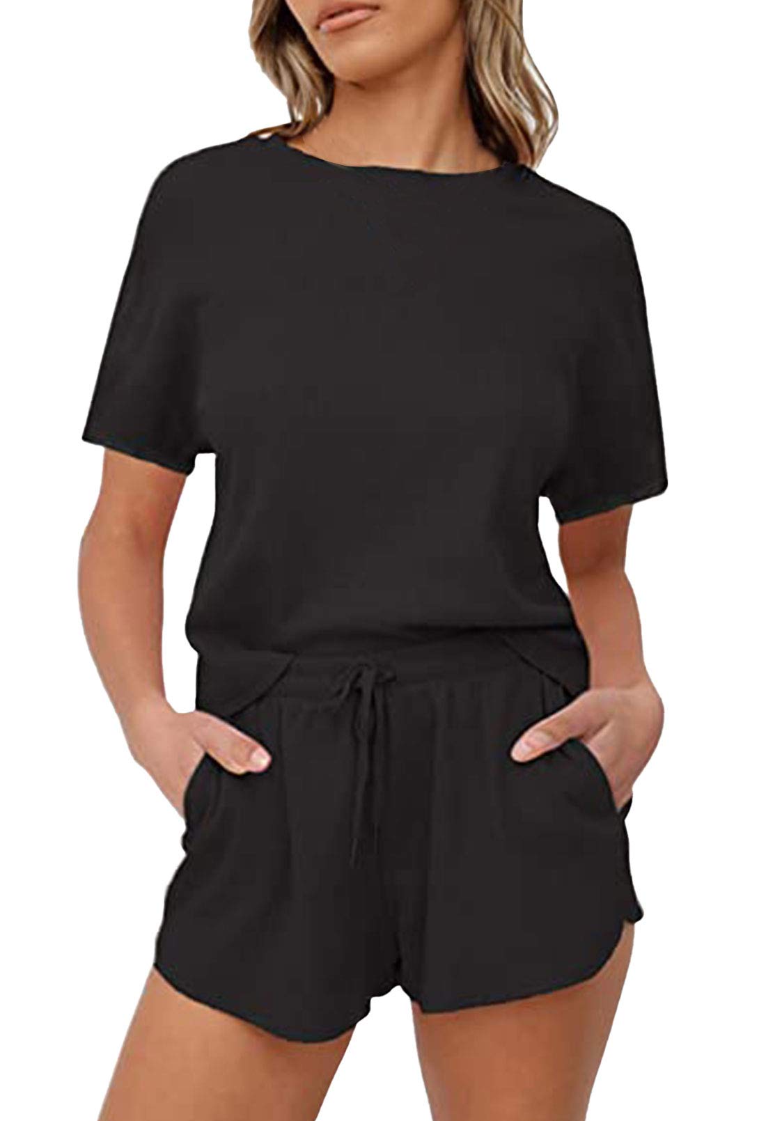 Linsery Women's Waffle Knit Pajama Set - Short Sleeve Top & Lounge Shorts - Soft & Breathable 2-Piece Sleepwear for Summer Nights, Lounging & Travel