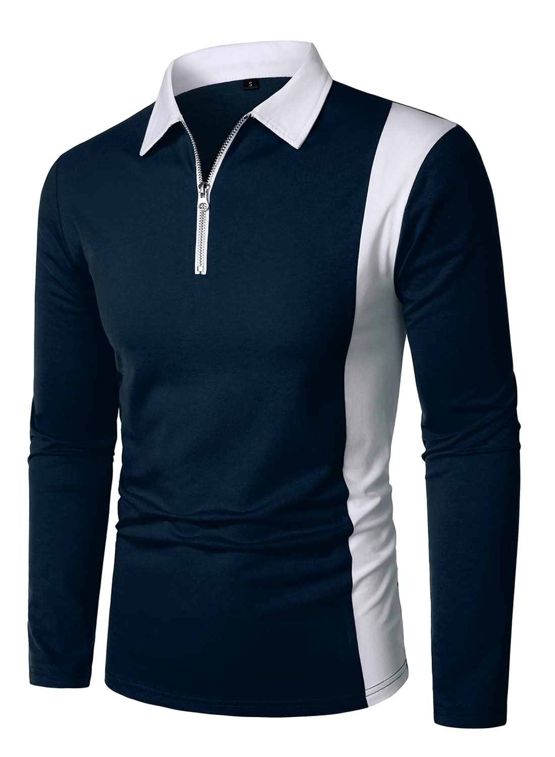 HOOD CREW Men's Long Sleeve Polo Shirt - Stylish Color Block Zipper T-Shirt for Casual Wear, Work & Outdoor Activities