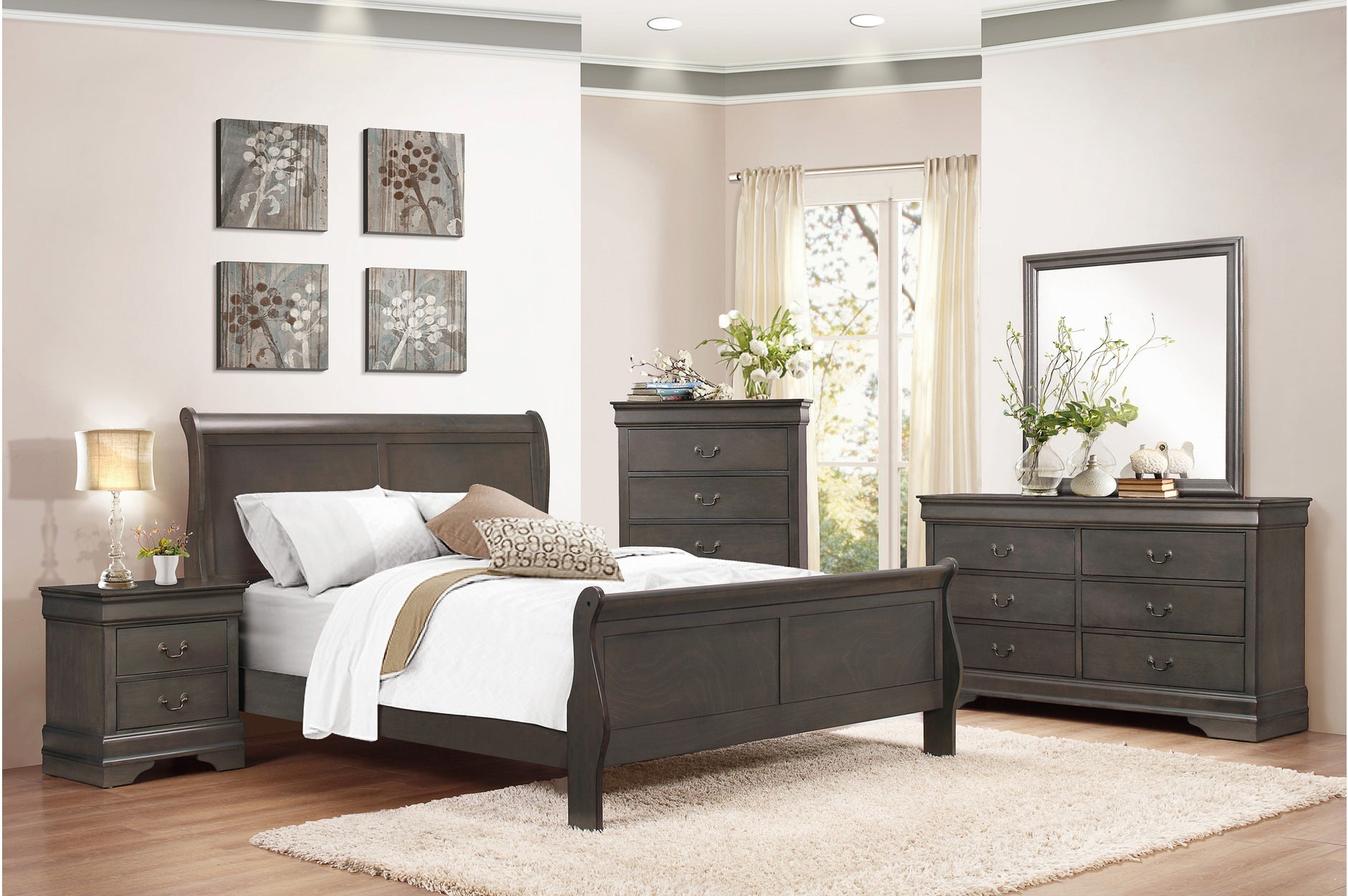 Coastal Grey Sleigh Bed Frame with Headboard & Footboard - Queen Size Bedroom Furniture Set for Master Bedroom & Guest Room - Modern Farmhouse Style Bed with Sturdy Wood Construction