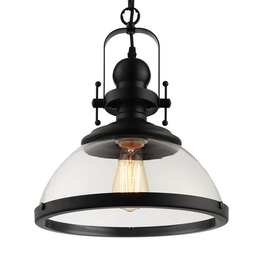 Modern Black Industrial Pendant Light with Glass Shade - Hanging Ceiling Lighting Fixture for Kitchen Island, Dining Room, Staircase & Home Decor | Dimmable LED Bulb Compatible