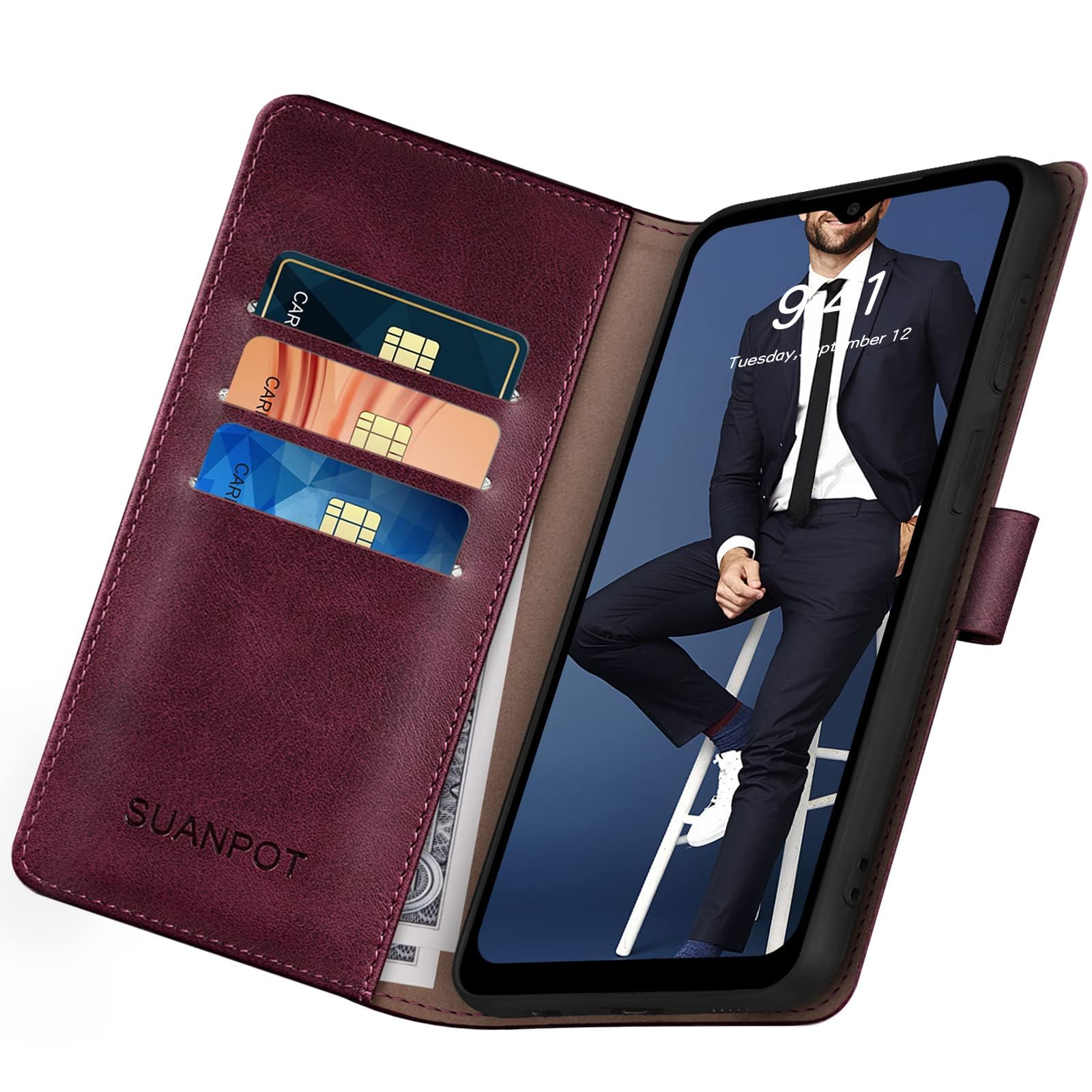 SUANPOT Samsung Galaxy A15 5G Wallet Case with RFID Blocking & Credit Card Holder - Flip PU Leather Protective Cover for Women & Men (Wine Red) - Perfect for Daily Commute, Travel & Business Use