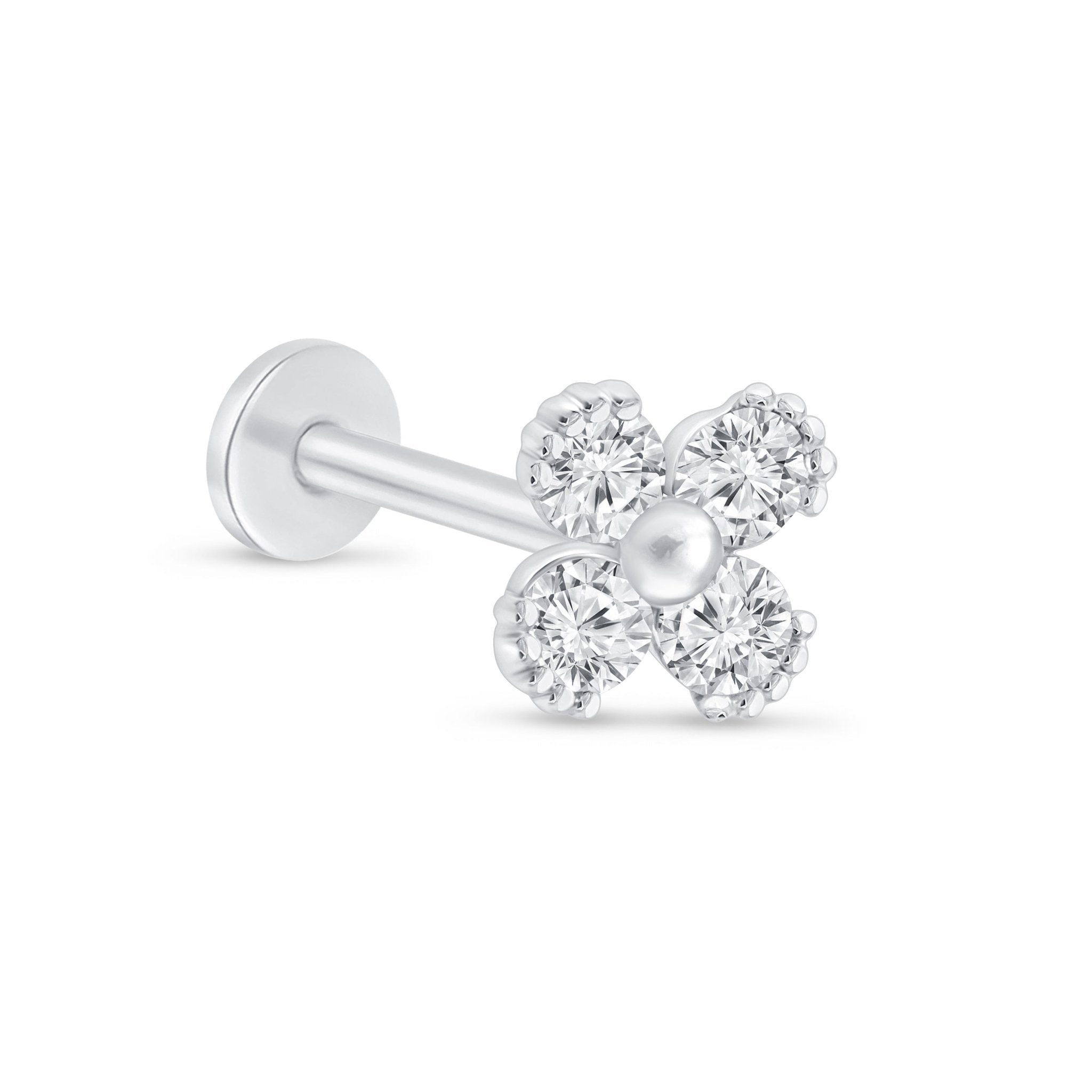 14k White Gold Beaded Four Petal Flower Diamond Flat Back Stud Earrings for Women - Perfect for Weddings, Parties & Everyday Elegant Wear