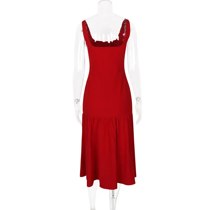 Elegant Backless Maxi Fishtail Dress for Women - Square Collar Sleeveless Loose Pleated Long Gown | Perfect for Evening Parties, Weddings & Special Occasions