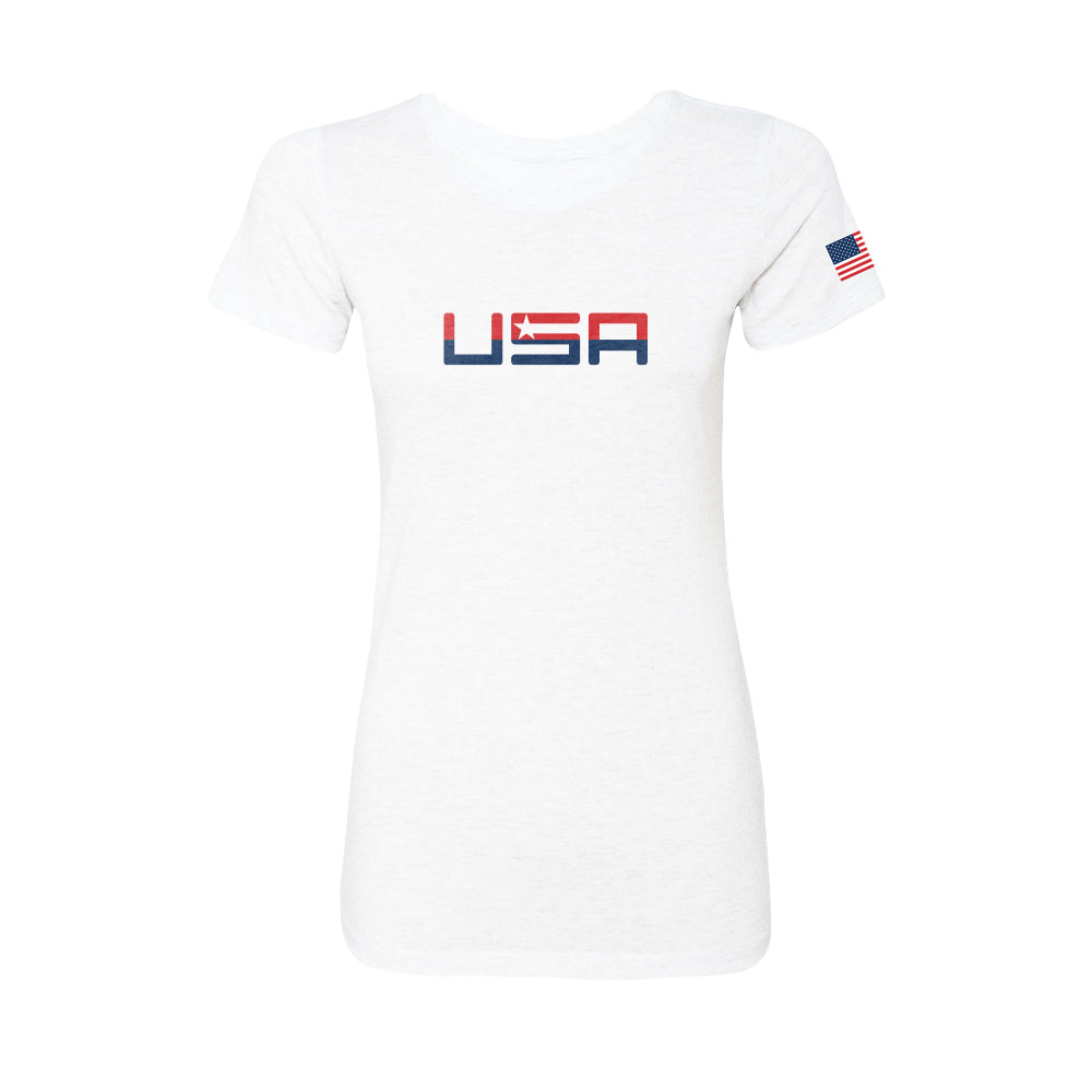 Valuetainment Retro American Flag Women's Slim Fit Short Sleeve T-Shirt - Patriotic Casual Wear for Everyday & July 4th Celebrations