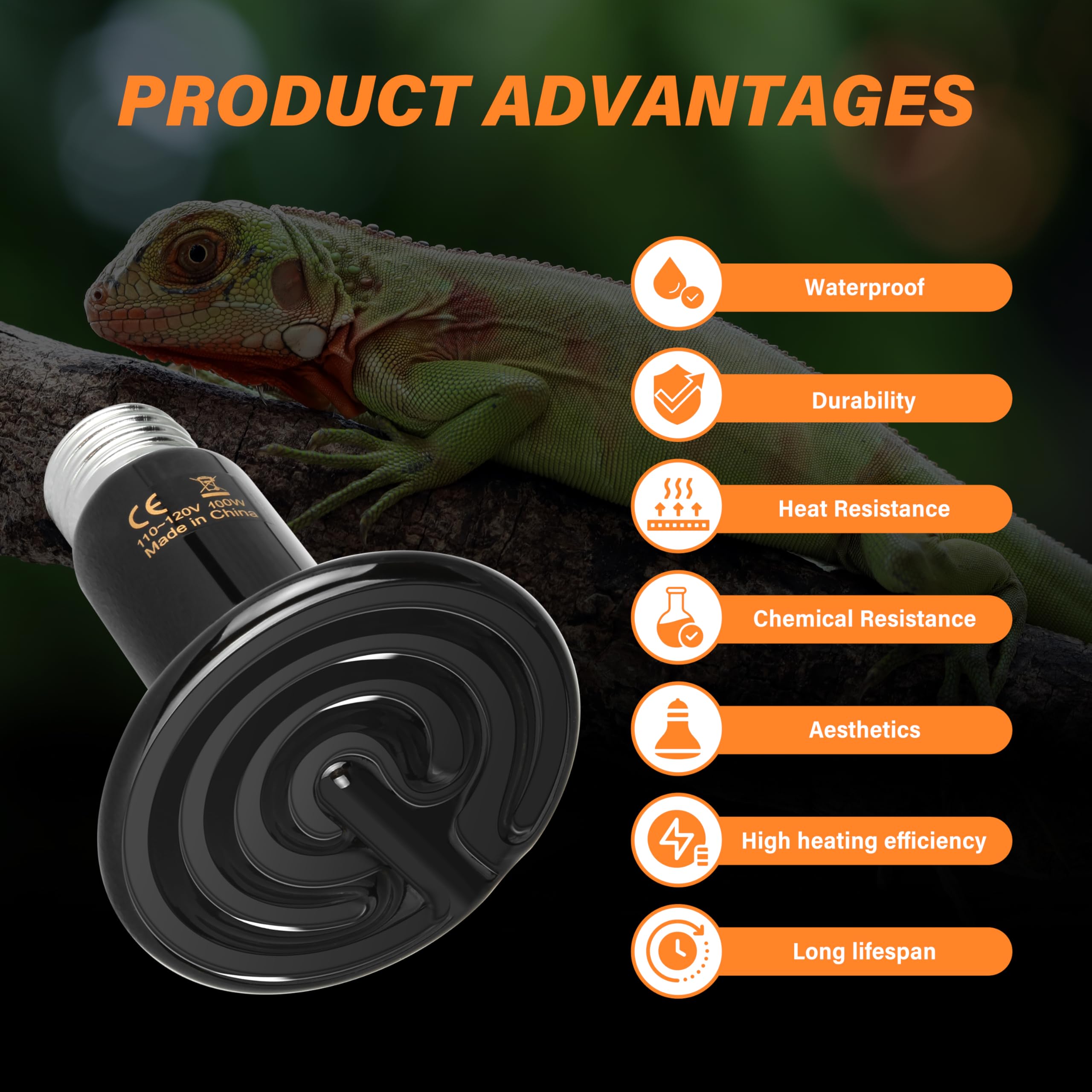 Simple Deluxe 100W Ceramic Heat Emitter 2 Pack - No Light Reptile Heat Lamp Bulb for Bearded Dragons, Snakes, Turtles & Terrariums - Ideal for Amphibian Habitats, Brooder Coops & Chicken Incubation - Provides Safe 24/7 Heating for Reptiles & Poultry