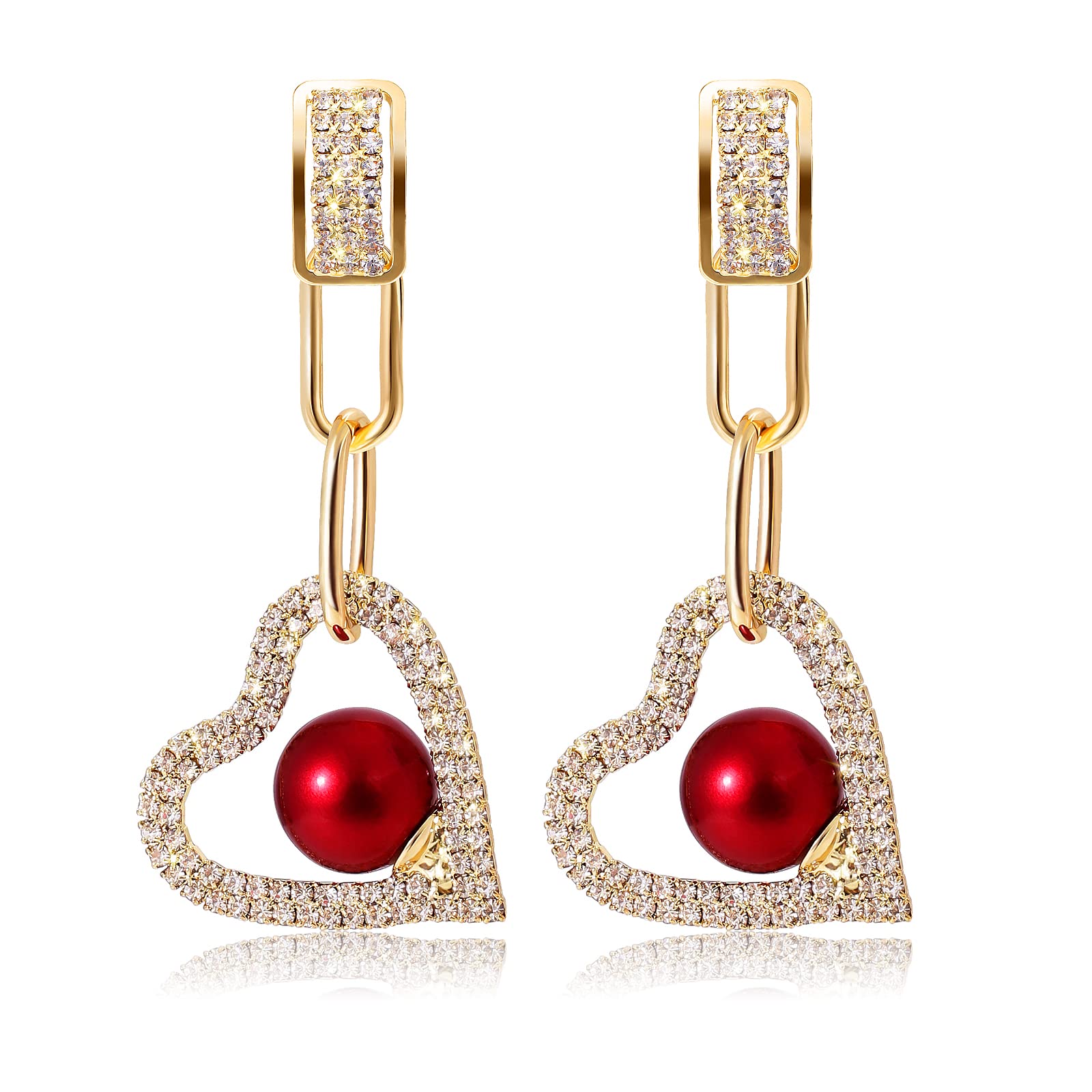 Hypoallergenic Gold Heart Pearl Drop Earrings for Women - Crystal Rhinestone Dangle Statement Jewelry | Elegant Gift for Her, Perfect for Parties, Weddings & Date Nights