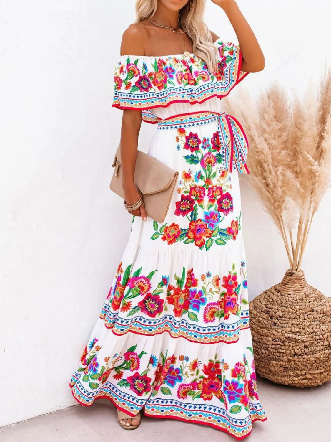 Floral Off Shoulder Ruffle Maxi Dress for Women - Beach Wedding Resort Party Wear - Perfect for Summer Vacations, Tropical Getaways & Boho Photoshoots