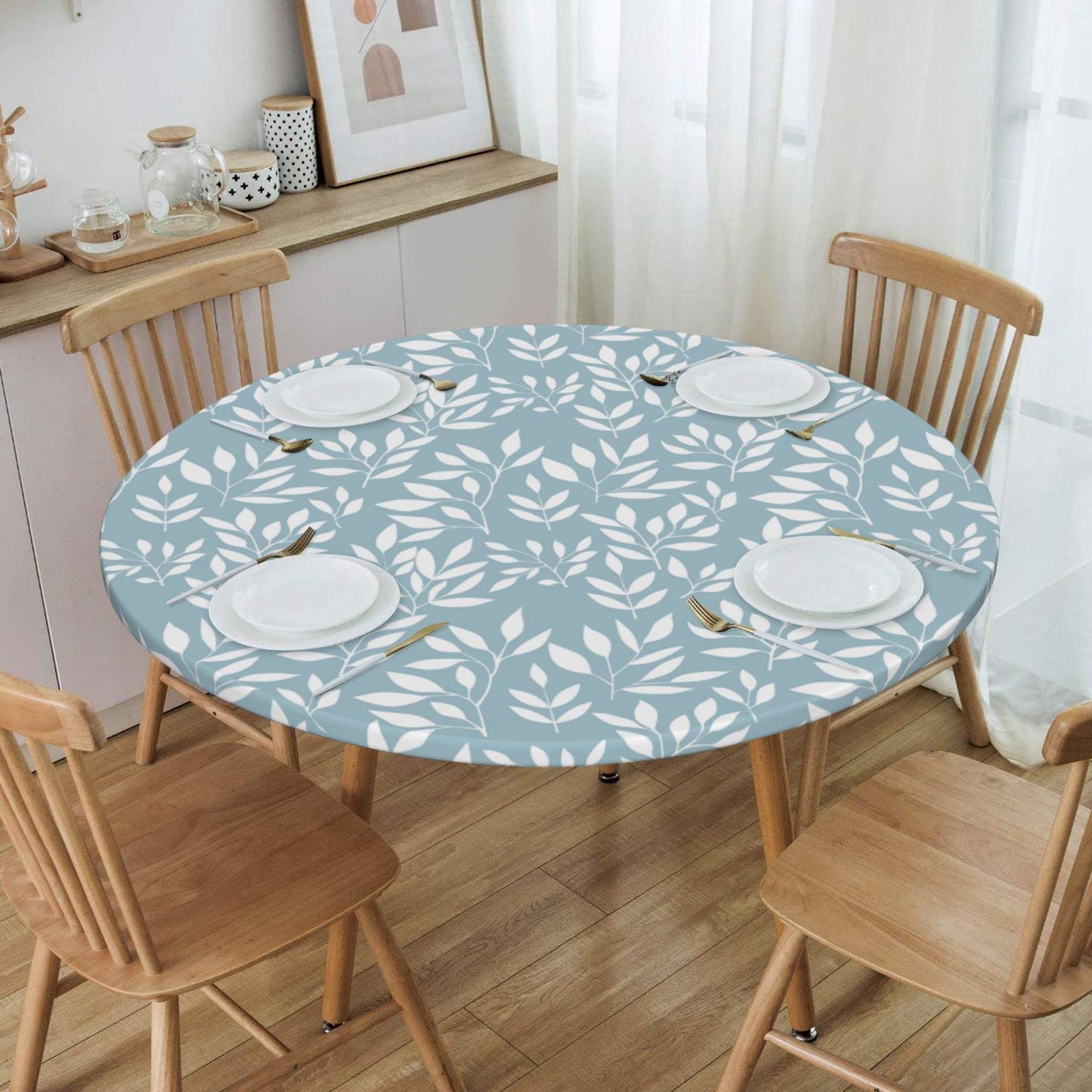 Waterproof Wipeable Elastic Edged Round Fitted Tablecloth - White Leaves Blue Design for 40