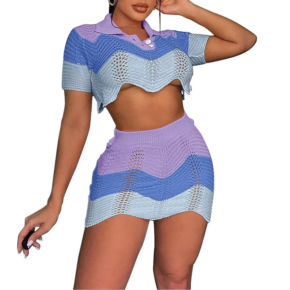 Aladeno Women's Sexy Knitted 2-Piece Dress Outfit - Hollow Out Crop Top & Bodycon Skirt Set, Mini Dress for Party, Club, Date Night, Vacation & Casual Wear