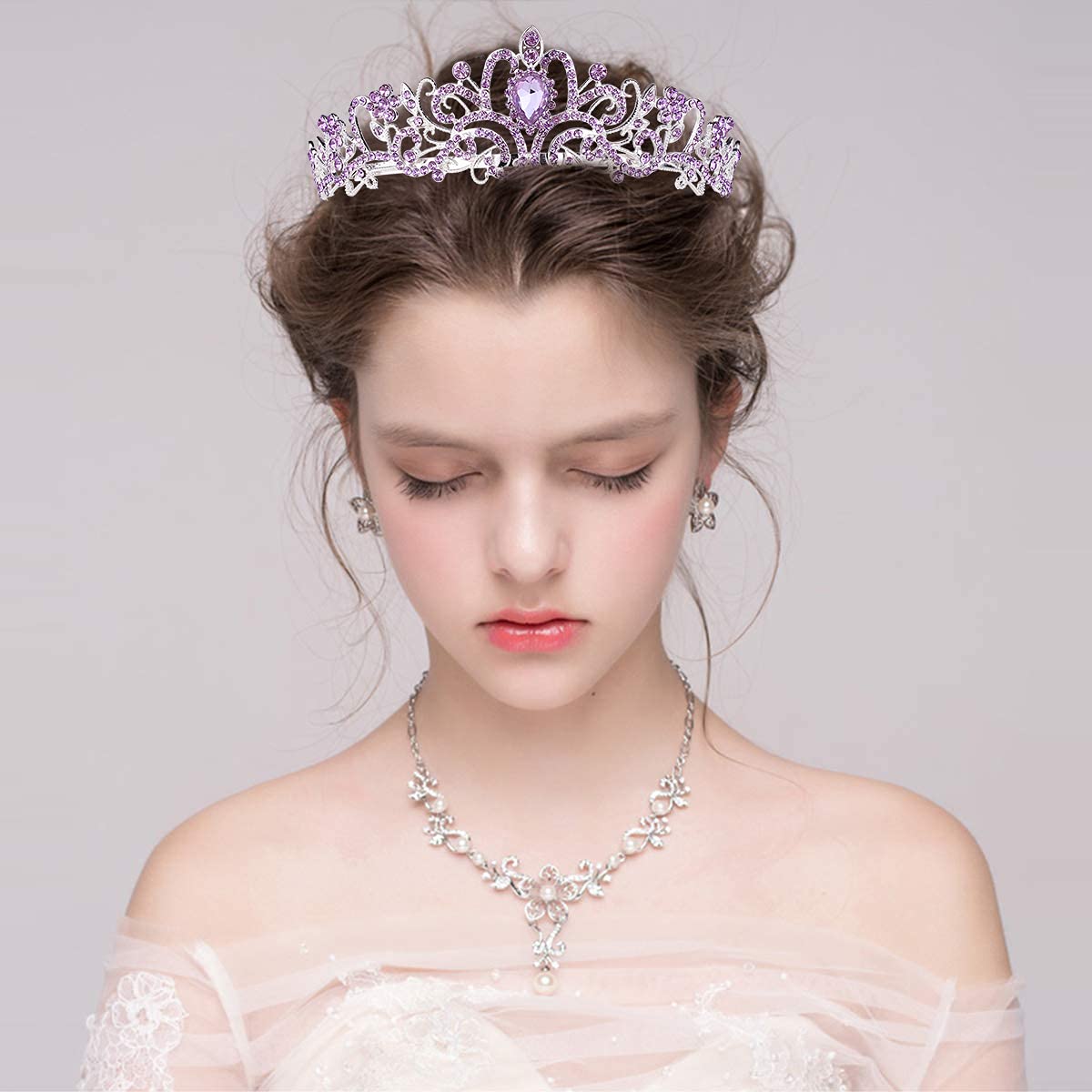Elegant Silver Tiara for Women with Light Purple Crystals - Princess Crown with Combs for Girls, Bridal Wedding, Prom, Birthday Party Headpiece | Perfect for Weddings, Proms, Pageants, and Special Occasions