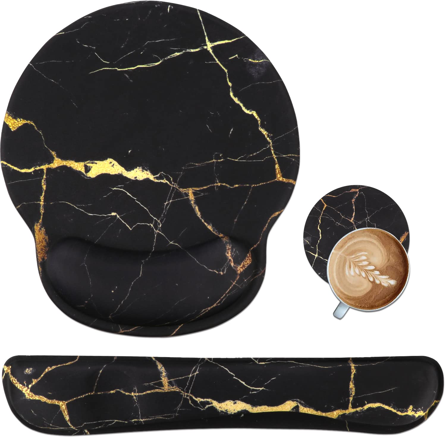 Ergonomic Mouse Pad with Wrist Support & Keyboard Wrist Rest Set - Non-Slip Base for Computer, Laptop, Home & Office Use - Pain Relief Mouse Mat with Coasters (Black Gold) - Perfect for Long Hours of Typing, Gaming & Office Work