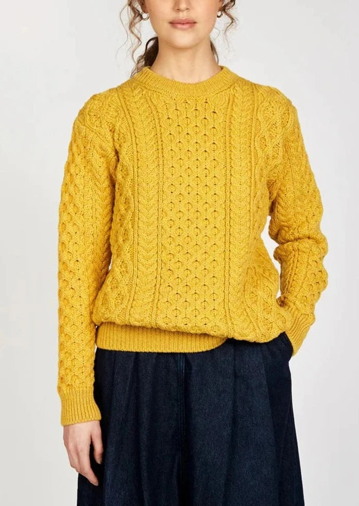 Ireland's Eye Aran Sweater for Women - 100% Wool Cable Knit Irish Sweater | Sunflower Design | Perfect for Winter, Fall & St. Patrick's Day Outfits