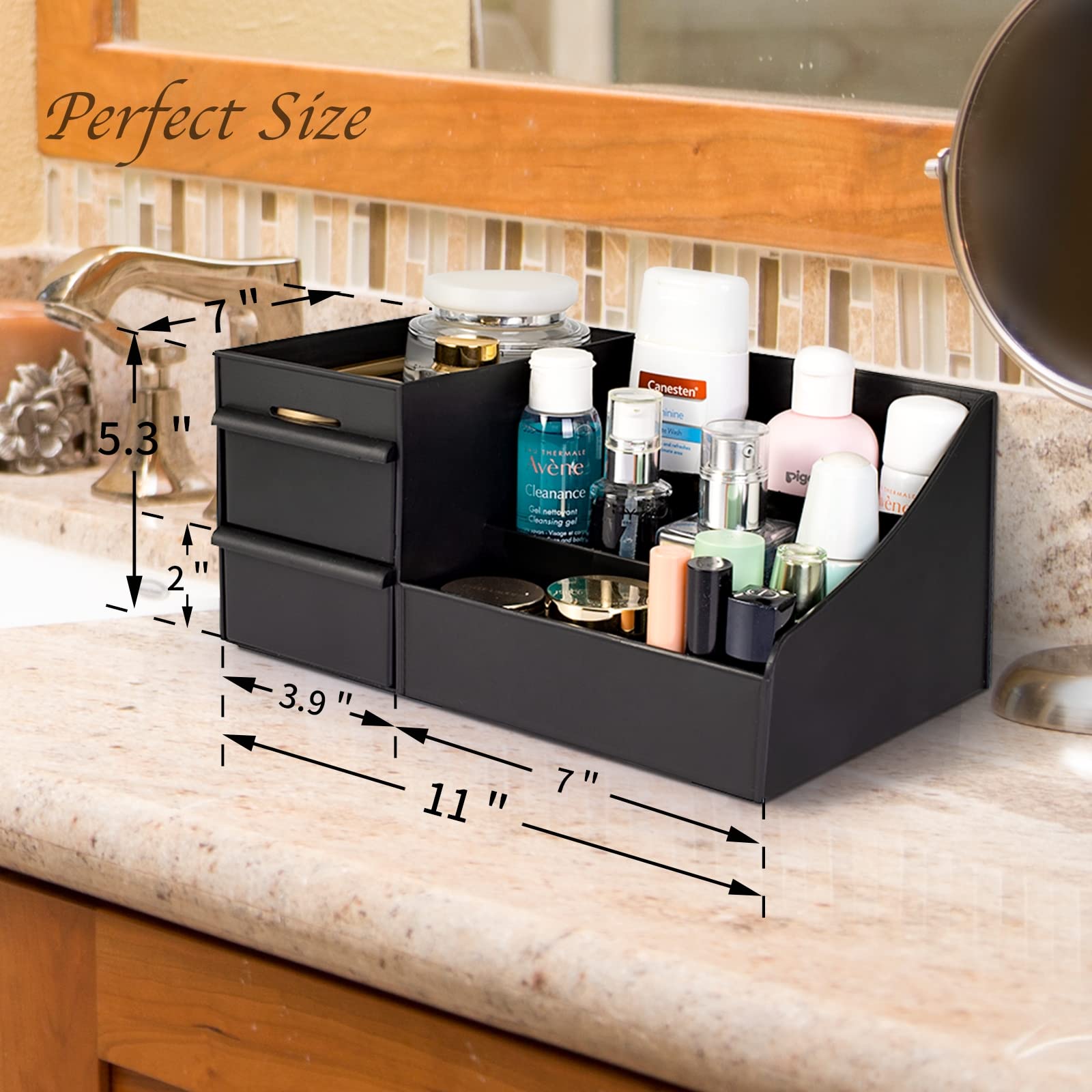 Gothic Makeup Desk Organizer with Drawers - Black Cosmetic Vanity Holder for Lipstick, Brushes, Eyeshadow, Nail Polish & Jewelry Storage | Perfect for Bedroom, Bathroom & Dressing Table Organization