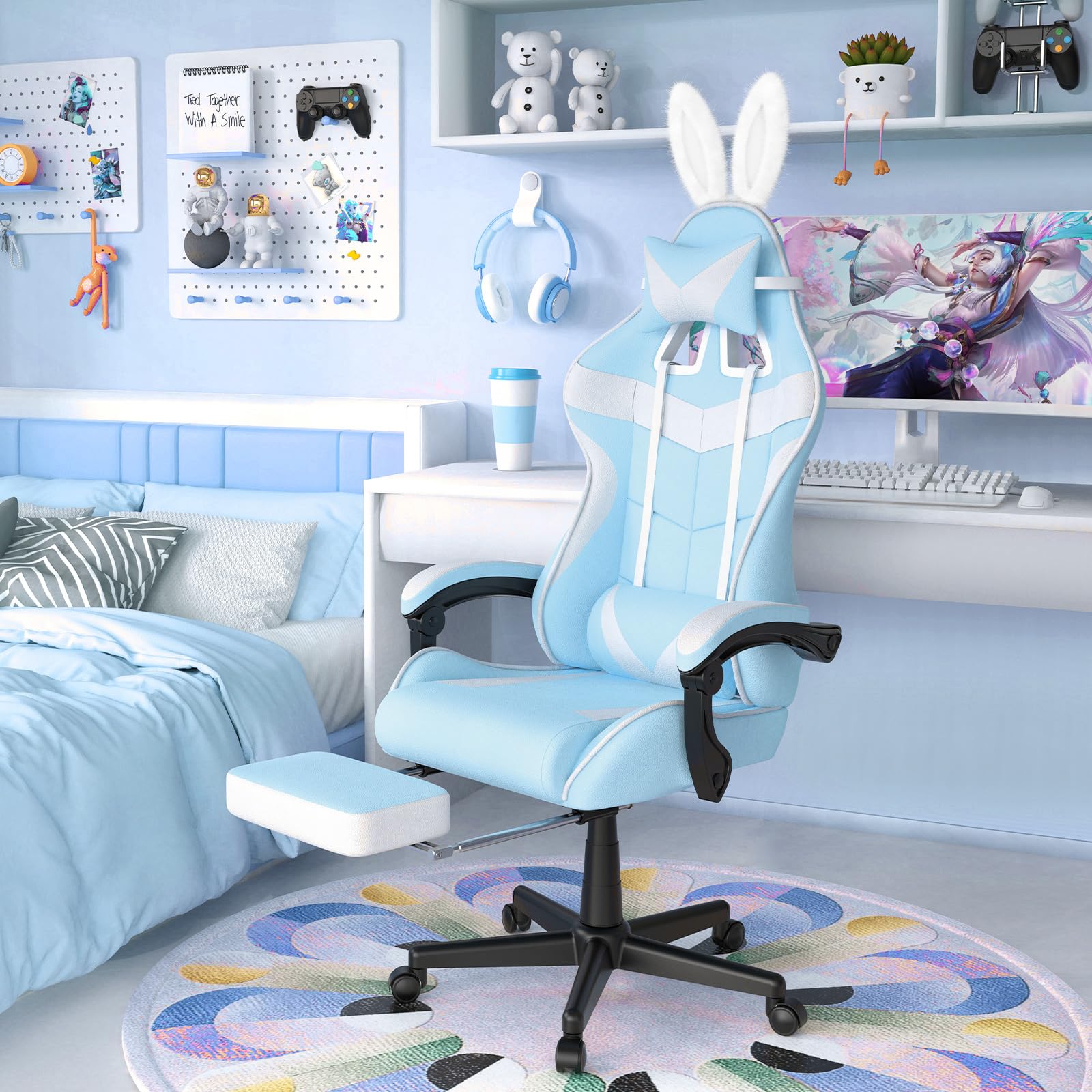 Soontrans Light Blue Gaming Chair with Adjustable Footrest - Cute Bunny Design Ergonomic Computer Chair for Girls, Teens & Women - Perfect for Gaming, Studying & Office Work