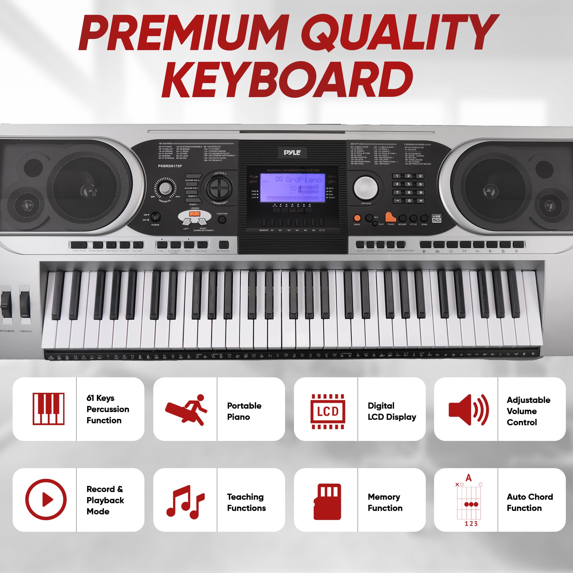 Pyle 61-Key Portable Electronic Piano Digital Keyboard with Built-in Speakers, 162 Sounds & 200 Music Styles - Includes Waterproof Bag, Sustain Pedal & Headset - Perfect for Home Practice, Travel & Live Performances