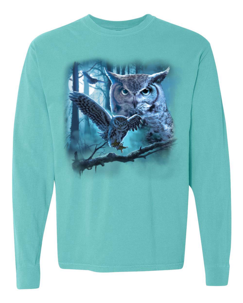 Owl Flying at Night in Front of Moon Graphic T-Shirt for Animal Lovers - Garment-Dyed Washed Look Long Sleeve Cotton Tee - Perfect for Casual Wear, Nature Enthusiasts & Owl-Themed Outfits