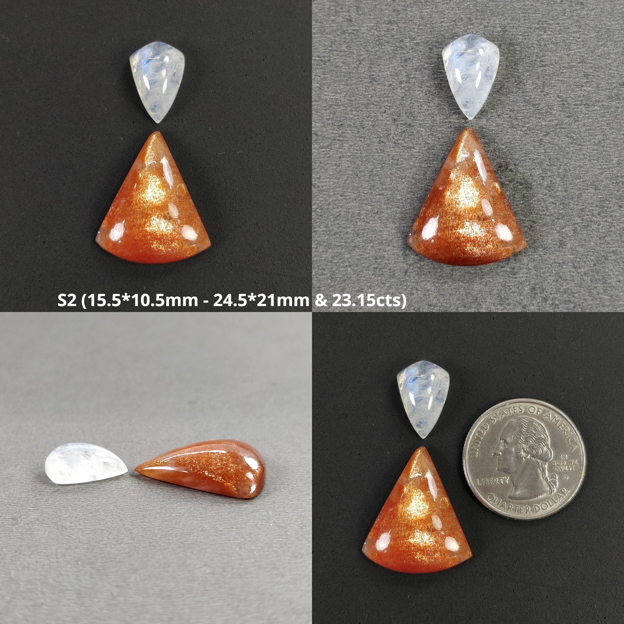 Natural Untreated Chatoyant Orange Sunstone & Rainbow Moonstone Cabochon Gemstones - 2pcs Uneven Triangle Shape for Jewelry Making, Wire Wrapping, and Healing Crystal Collections