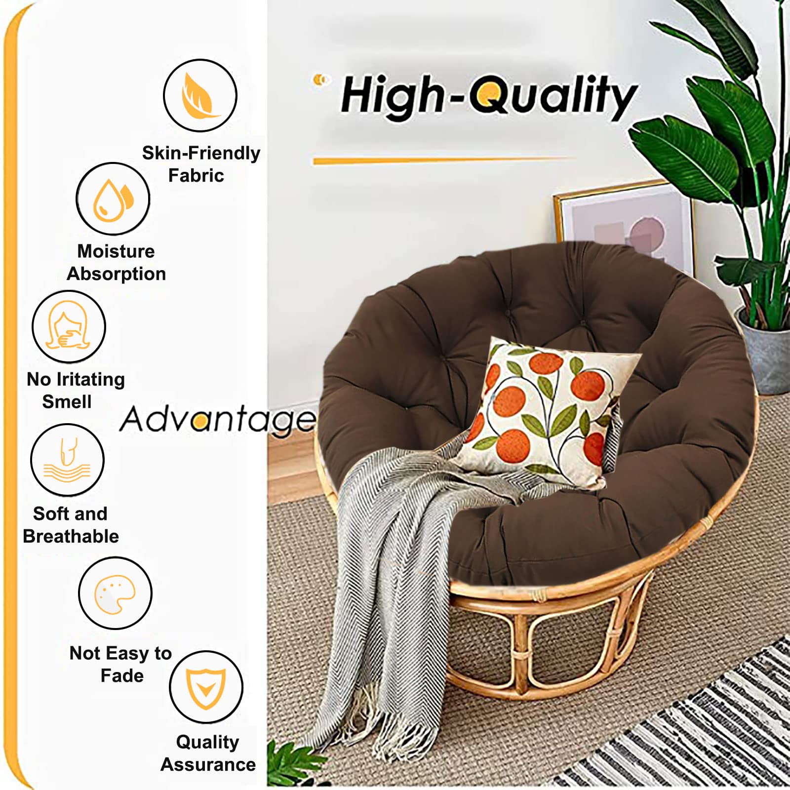 Premium Papasan Chair Cushion for Outdoor Egg Chairs & Rattan Swivel Chairs - Thick Comfortable Swing Chair Cushion (51.1 inch/130cm Coffee) - Indoor & Outdoor Use - Perfect for Patio, Garden, Sunroom & Relaxation