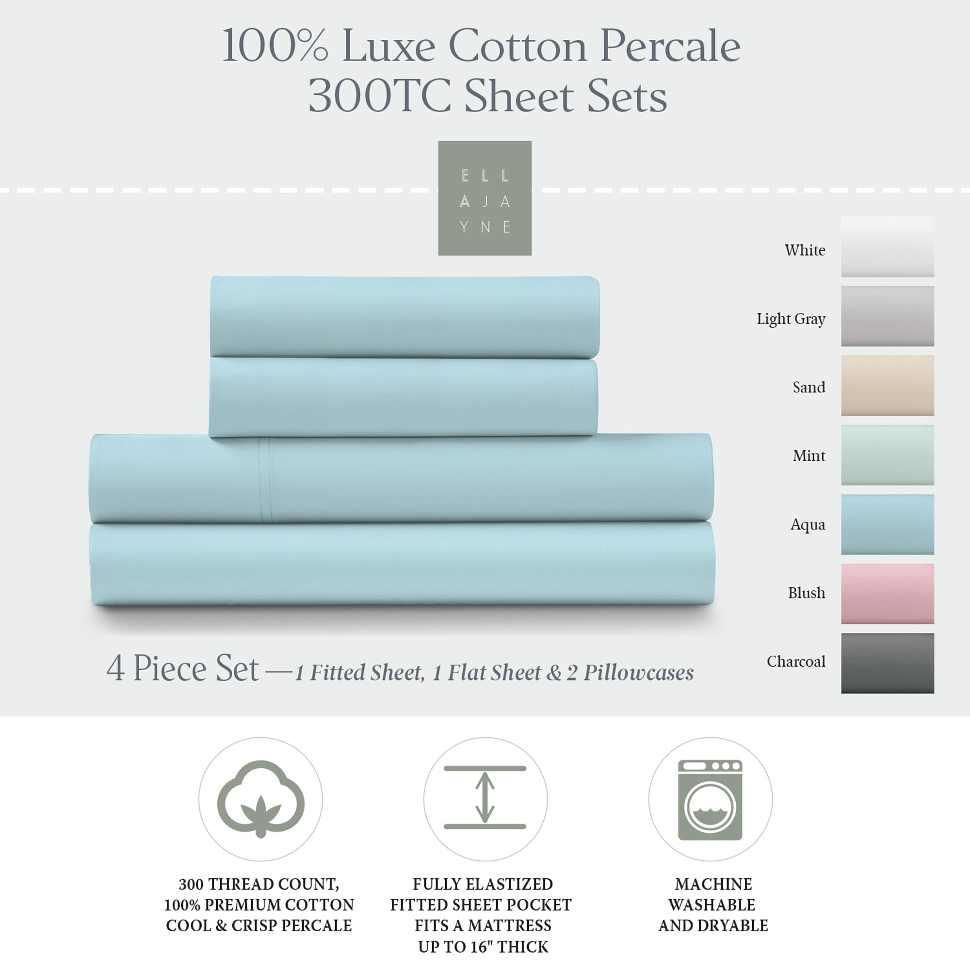 Ella Jayne Luxury Collection - 100% Cotton Percale Sheet Set Queen Size, 4-Piece Cool & Crisp Bedding for Breathable Comfort | Perfect for Hot Sleepers & All-Season Use in Aqua Blue