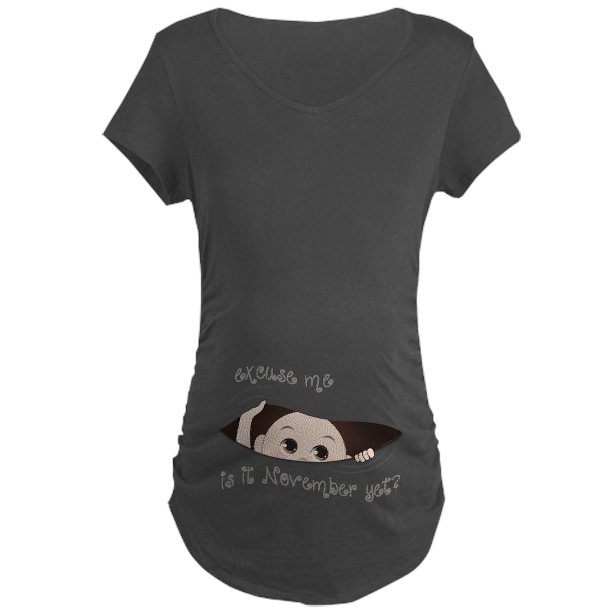 Funny Peeking Baby November Maternity Dark T-Shirt - Women's Ruched Side Maternity Tee for Pregnancy Announcements & Baby Showers | Comfortable & Stylish Pregnancy Apparel