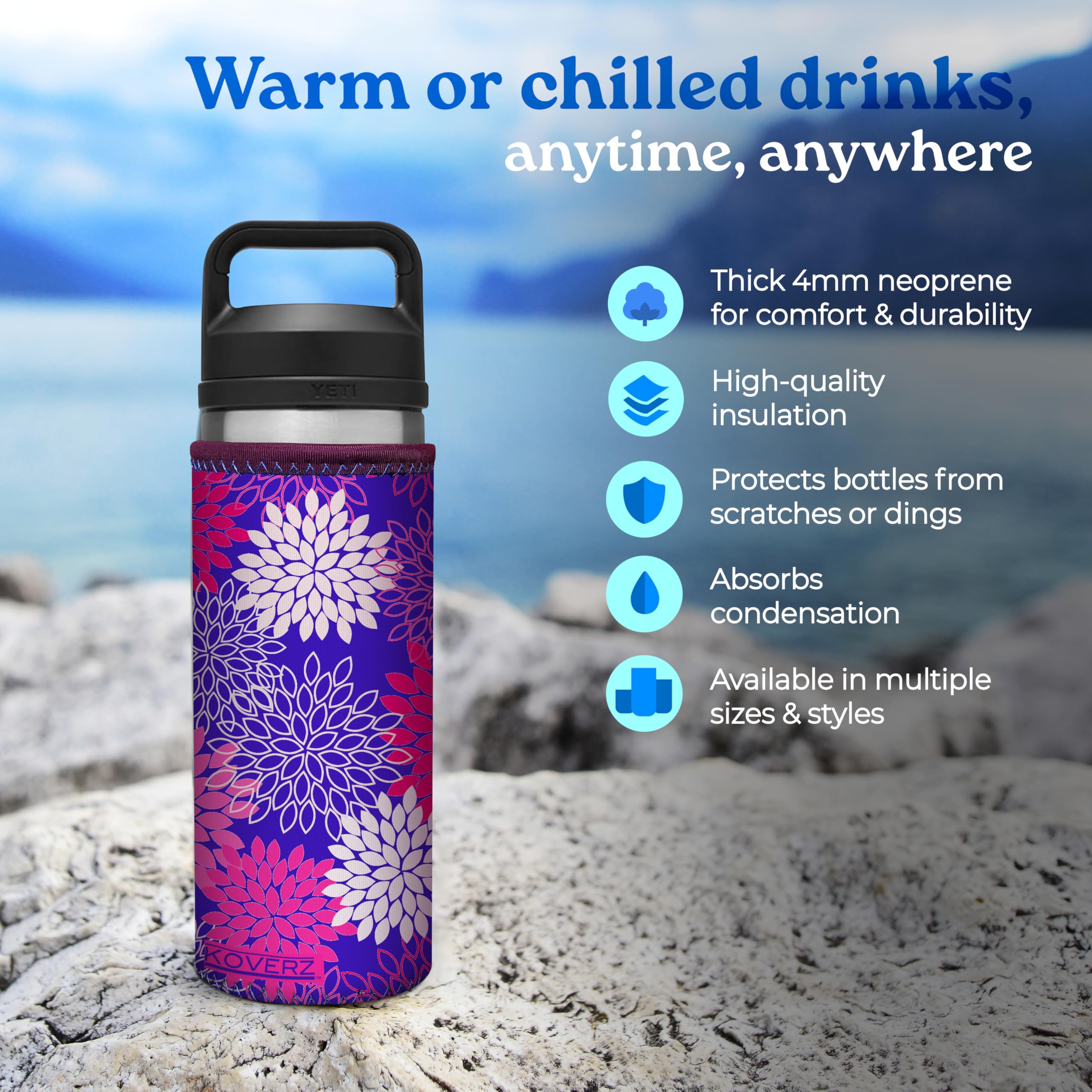 Koverz 24-30oz Insulated Water Bottle with Shoulder Strap - for Hiking & Gym