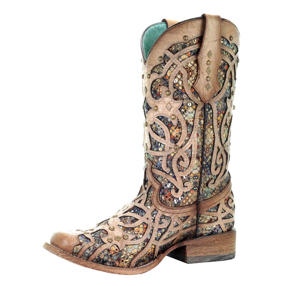 Corral Boot Company Women's Bone Inlay Studded Cowboy Boots - Stylish Western Fashion for Country Concerts & Rodeo Events