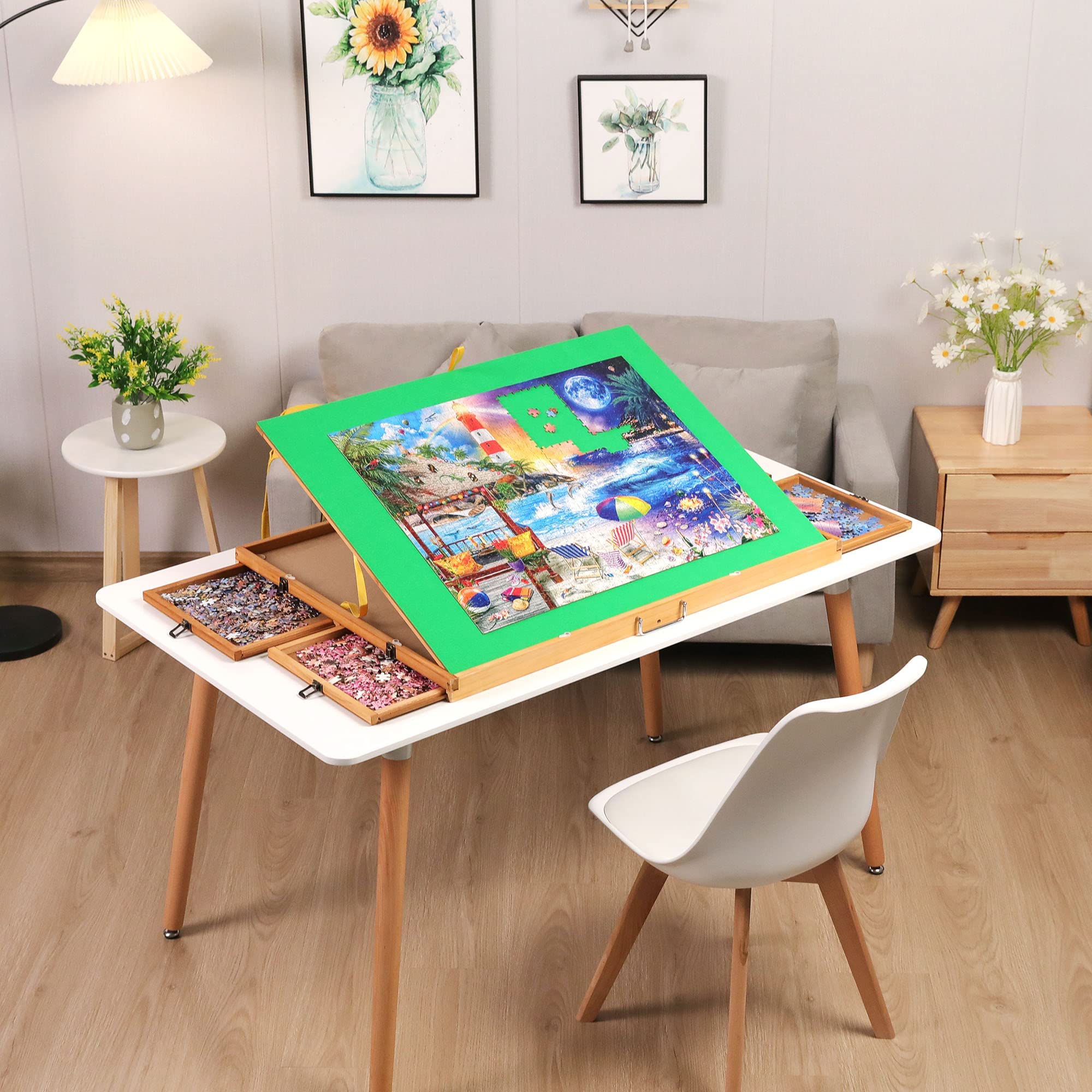 1500-Piece Jigsaw Puzzle Table with 4 Drawers - Portable Wooden Puzzle Board with Cover & 3 Adjustable Angles - Perfect for Adults, Teens & Seniors - Ideal for Family Game Nights, Relaxation & Brain Training