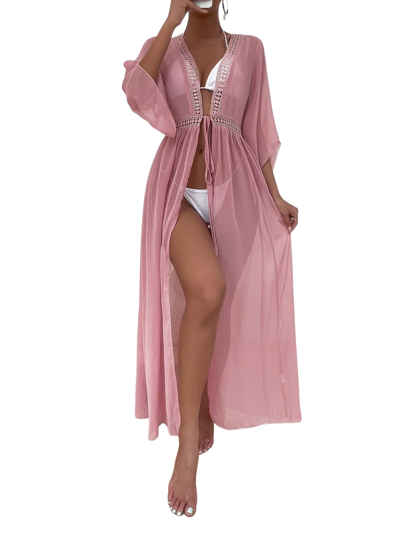 MakeMeChic Women's Sheer Mesh Kimono Cardigan with Lace Trim - Tie Waist Long Cover Up for Beach, Pool, or Summer Outfits