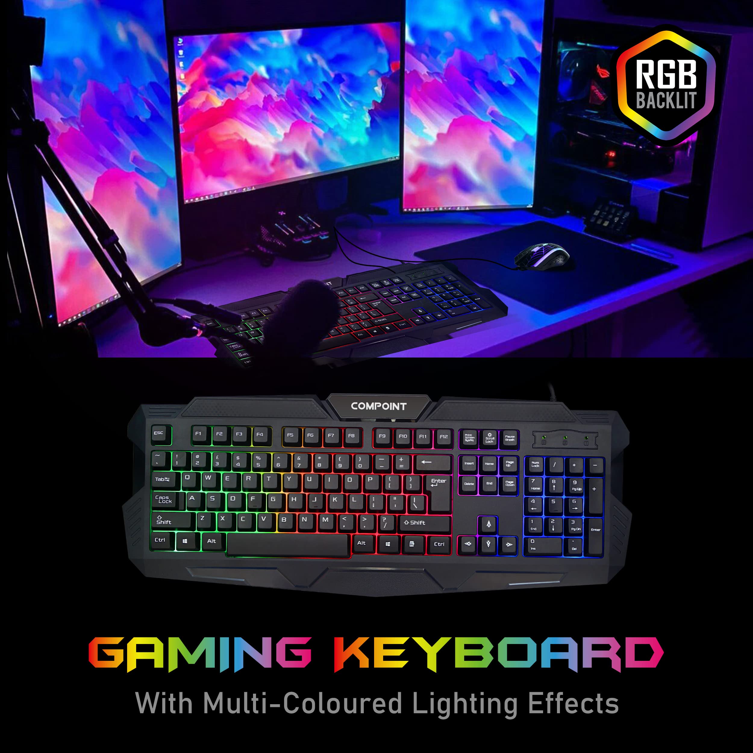 Compoint 4-in-1 Gaming Bundle with Q-LED Backlit Keyboard, Noise-Canceling Headset & Large Mouse Pad - Compatible with Xbox, PS5, PC | RGB Lighting, Ergonomic Design for Pro Gamers | Perfect for Esports, Streaming & Home Gaming Setup