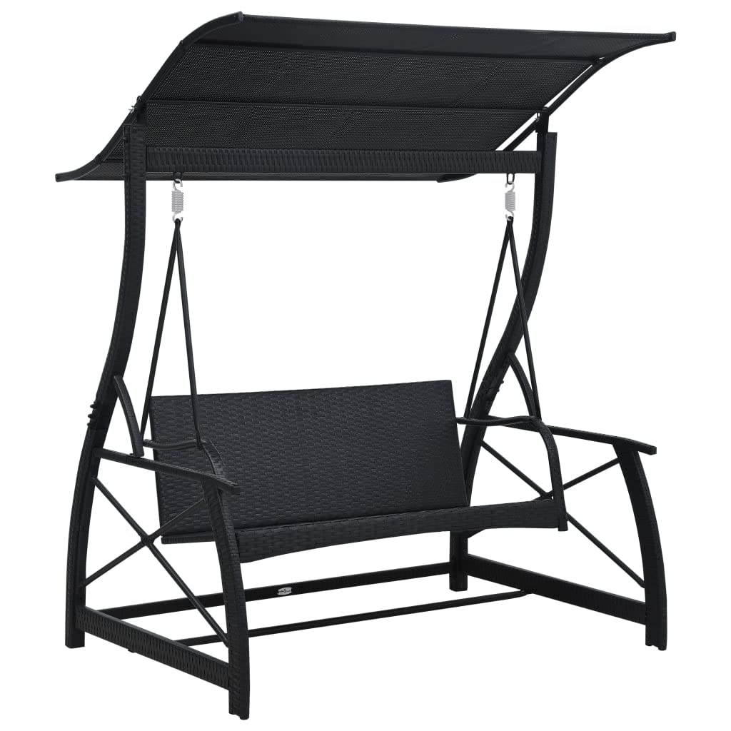 vidaXL Patio Swing Chair with Adjustable Canopy & Cushion - Outdoor Hanging Daybed Bench in Black Poly Rattan - Perfect for Balcony, Garden, Porch & Backyard Relaxation