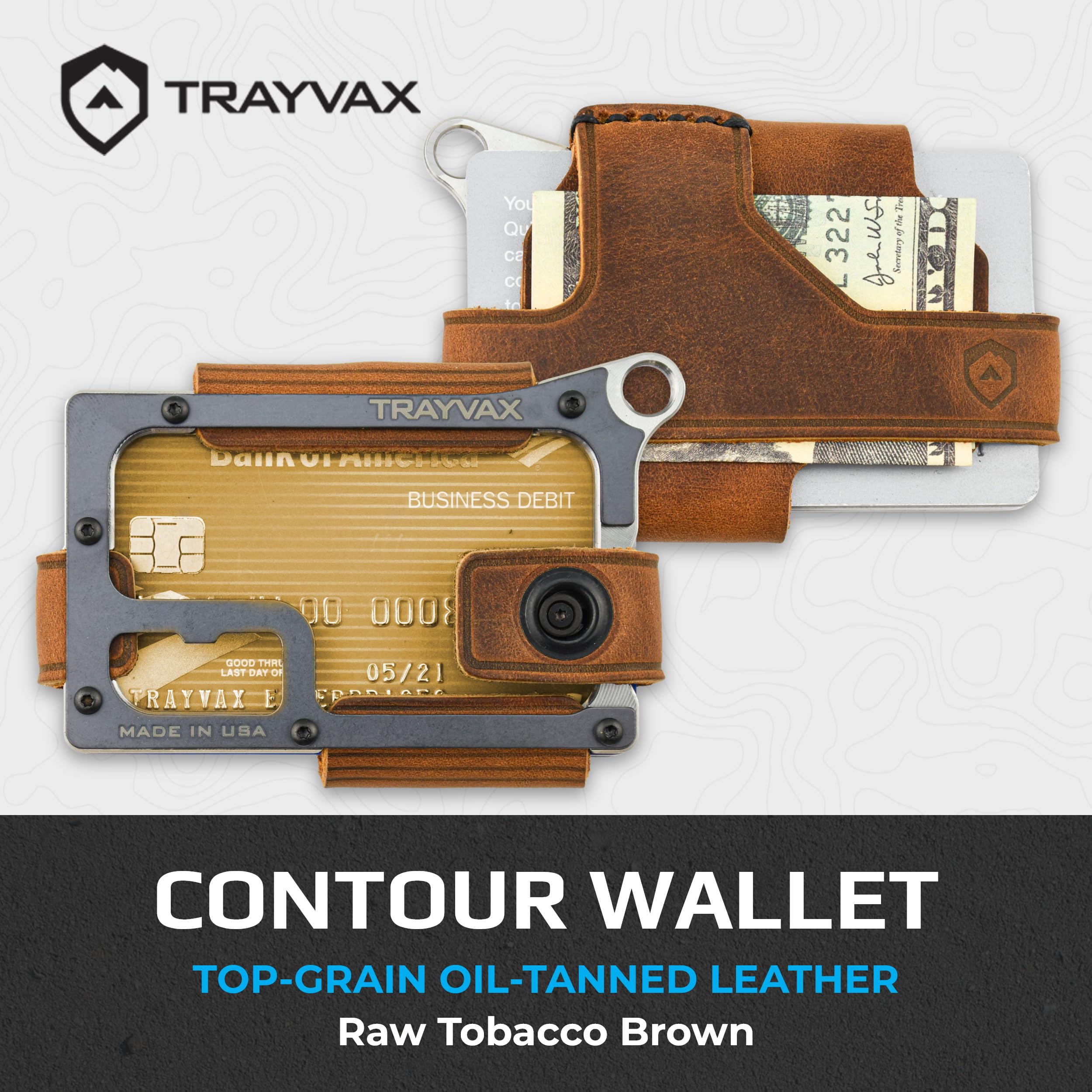Trayvax Contour RFID Front Pocket Wallet - Slim Leather & Metal Minimalist Wallet for Men & Women - Raw Tobacco Brown - Perfect for Travel, Everyday Carry & Secure Card Storage