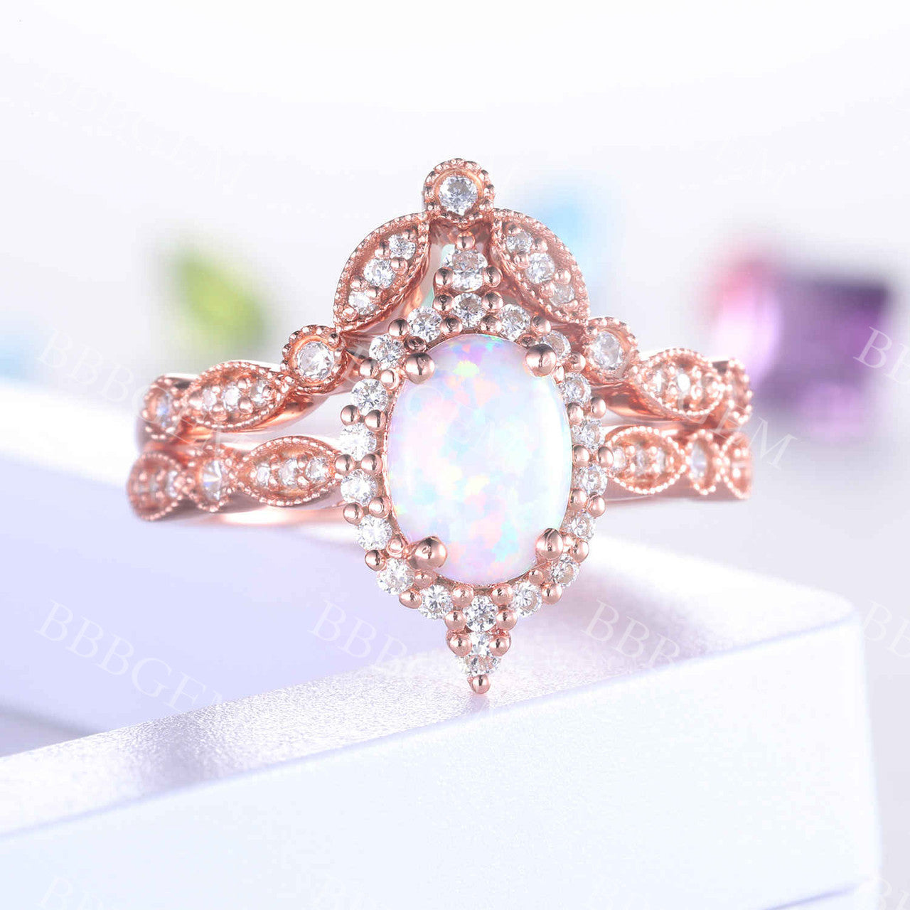 Vintage Oval White Opal Engagement Ring Set with Marquise Chevron Wedding Band & Halo Diamonds - Perfect for Proposals, Anniversaries & Bridal Jewelry Gifts
