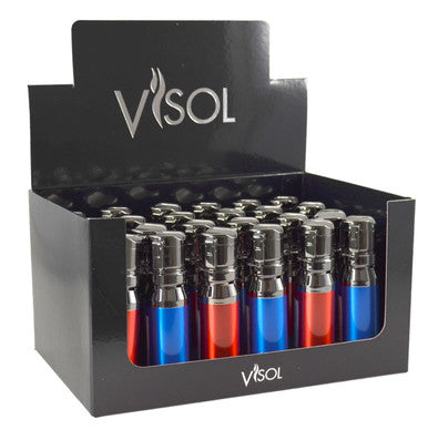 Visol Retail Package - Bulldog Red & Blue Quad Flame Lighters (24 Count) - Perfect for Outdoor Camping, BBQ, and Fireplace Use