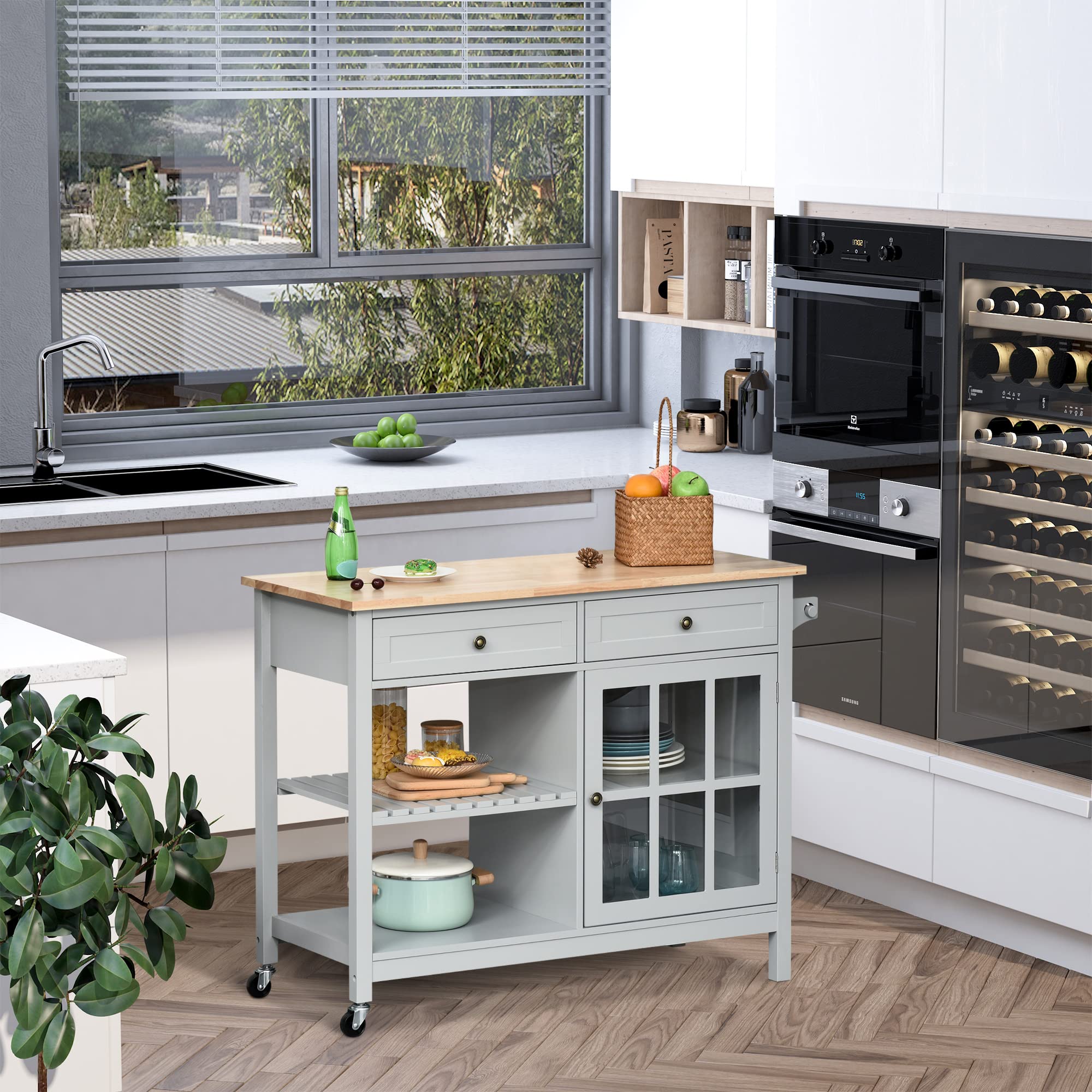 HOMCOM Rolling Kitchen Island with Storage - Solid Wood Top, Glass Door Cabinet, Adjustable Shelf & 2 Drawers - Mobile Kitchen Cart with Towel Rack for Dining Room & Small Spaces - Perfect for Meal Prep, Extra Counter Space & Organized Storage (Gray)