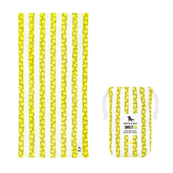 Dock and Bay XL Quick Dry Beach Towel with Smiley Design - Extra Large Sand Free Towel for Pool, Gym, Yoga, Travel & Outdoor Activities